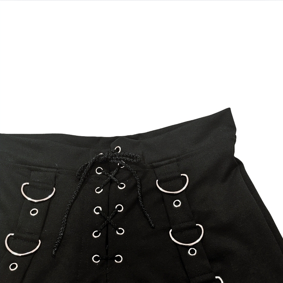 black bondage style laceup shorts size large with silver D-ring - Picture 3 of 4